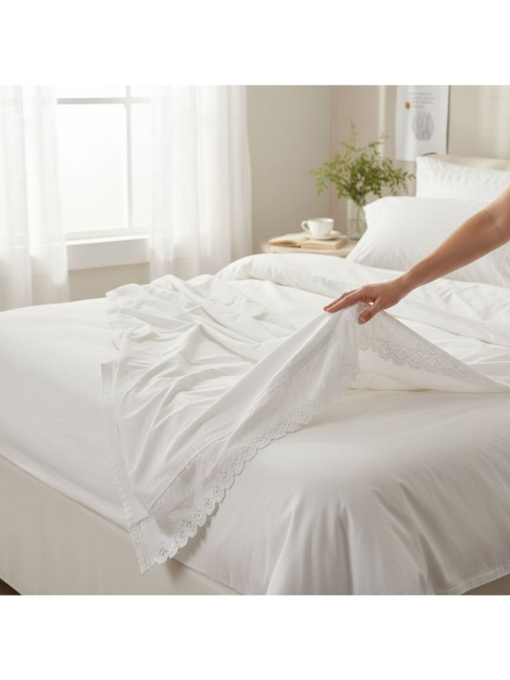 Vintage Martex Cotton Flat Sheet & Pillow Case With Embroidered Eyelet Lace Trim